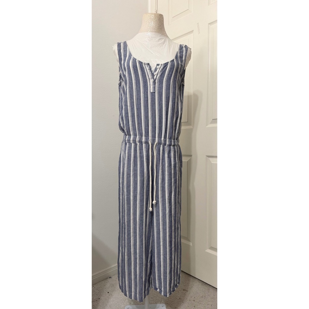 Cloth & Stone sz S Blue White Striped Linen Blend Henley Surplice Back Jumpsuit